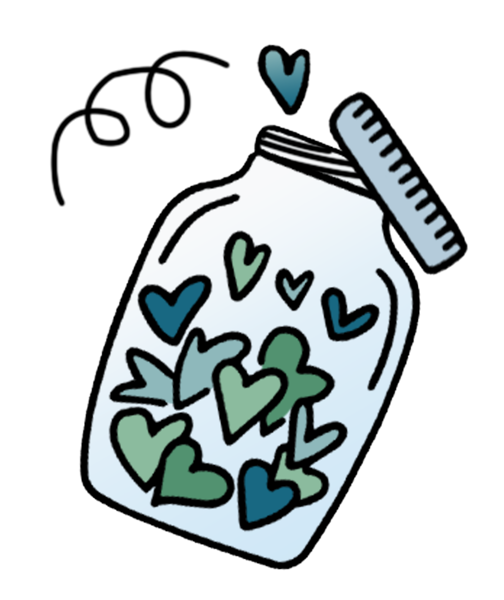 fotograf main spessart Ein Glas mit bunten Herzformen in Blau- und Grüntönen.